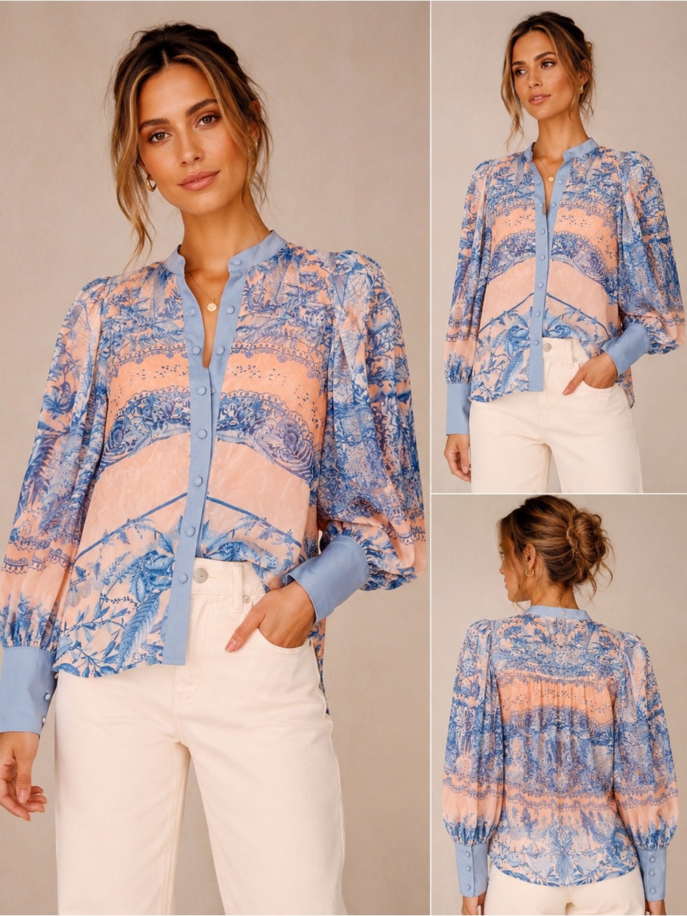 NWT Billy J Taffaria Top Blue Print Button Front Blouse US 4 AU 8